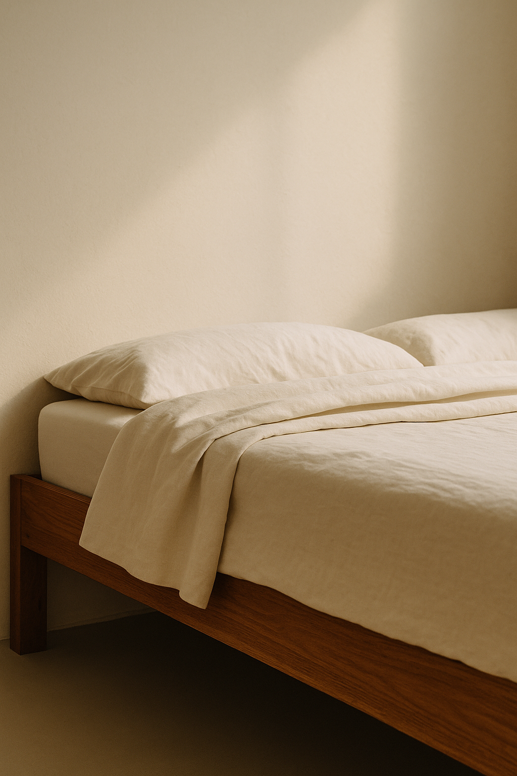 bed with light bedding, side view